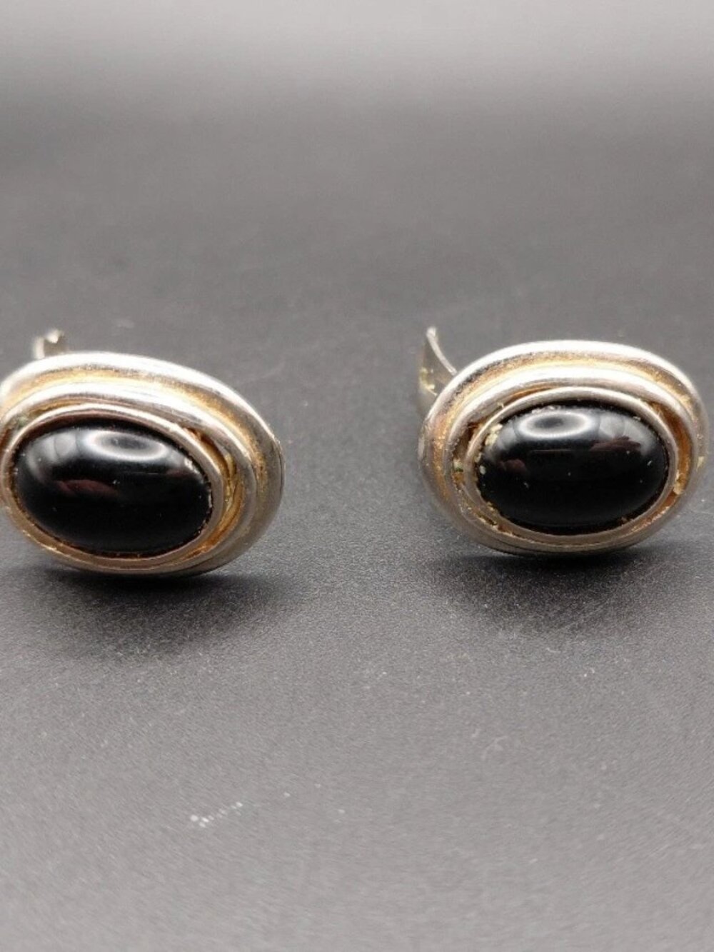Mid Century Simulated Black Onyx Cabochon Clip-On Earrings Two Tone Modernist